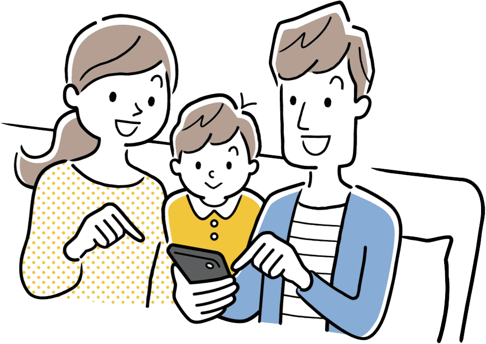 スマホを持つお父さんとそれをみるお母さんと子供のイラスト